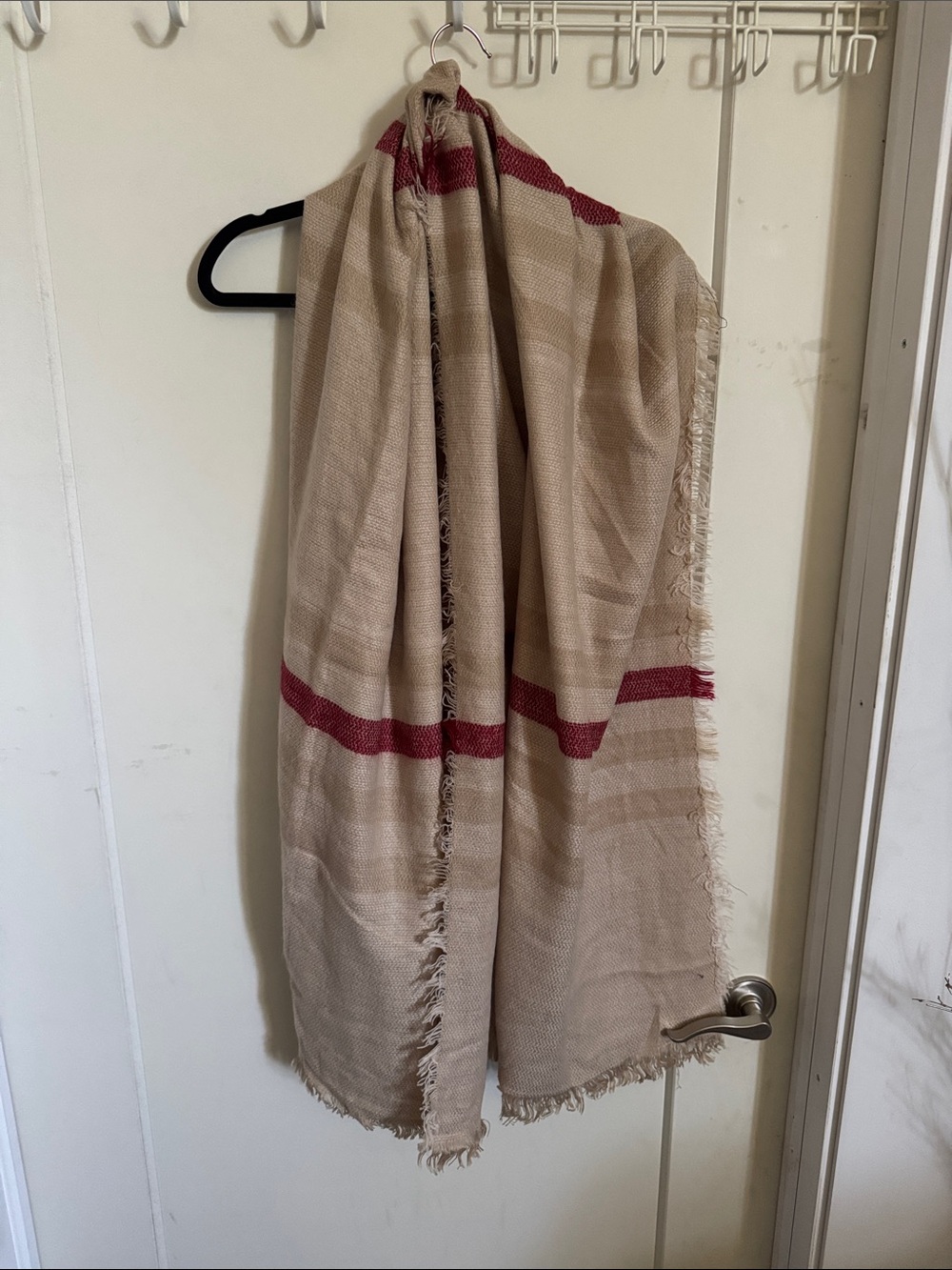 Beige Scarf with Red Stripe Accent